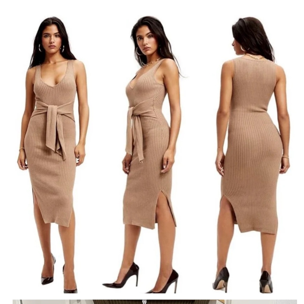 Good American Rib Knit Tie Waist Midi Dress in Khaki‎ color Tan Size (2) Medium